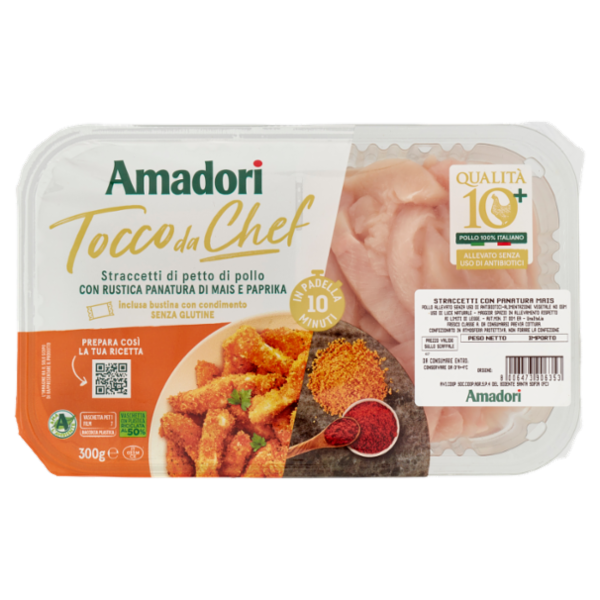Amadori Qualità 10+ Straccetti di petto di pollo con Rustica Panatura di Mais e Paprika 0,300 kg