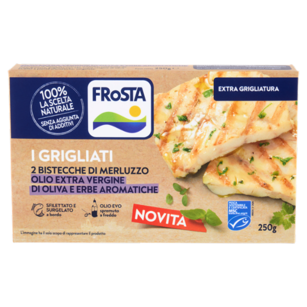 FRoSTA i Grigliati 2 Bistecche di Merluzzo Olio Extra Vergine di Oliva e Erbe Aromatiche 250 g