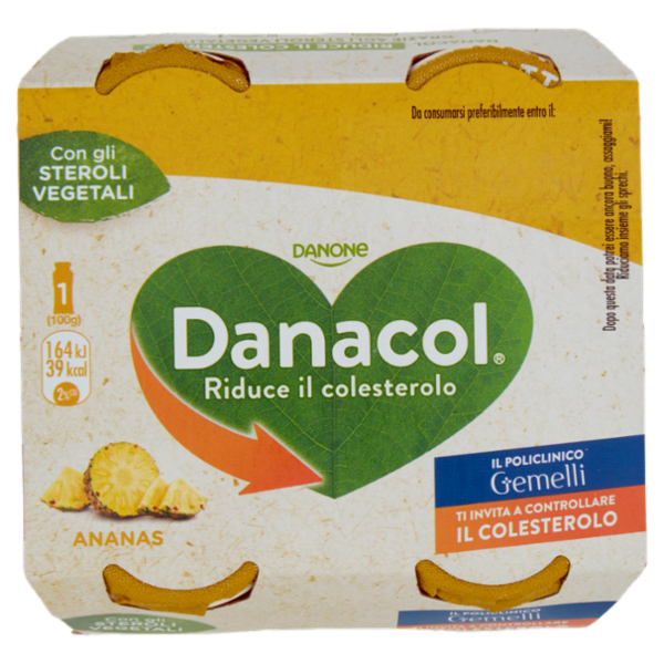 DANACOL Yogurt da bere, Riduce il Colesterolo grazie agli Steroli Vegetali, gusto Ananas, 4x100g