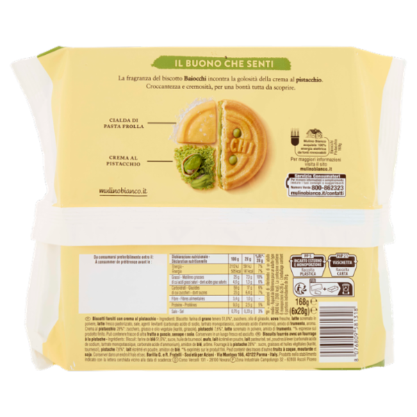 Mulino Bianco Baiocchi Biscotti Snack Farciti con Crema al Pistacchio 168g