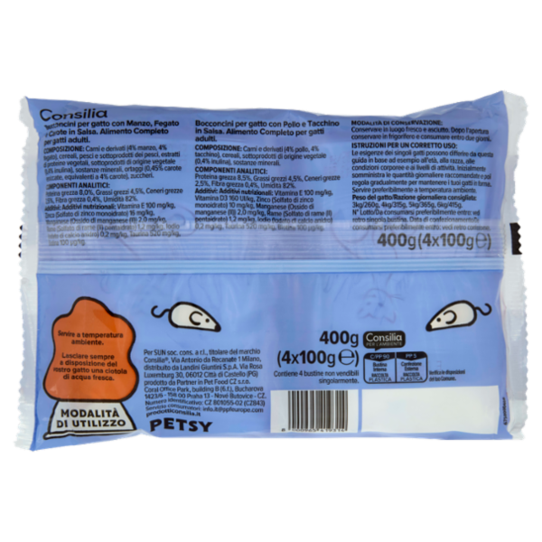 Consilia Petsy Gatto Bocconcini in Salsa 2 Manzo, Fegato e Carote e 2 Pollo e Tacchino 4x100 g