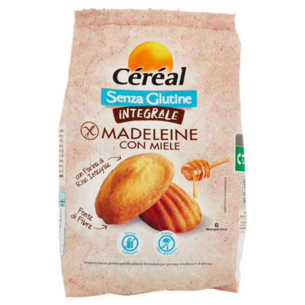 Céréal Senza Glutine Madeleine con Miele, Farina di Riso integrale, 6 Merendine senza lattosio, 170g