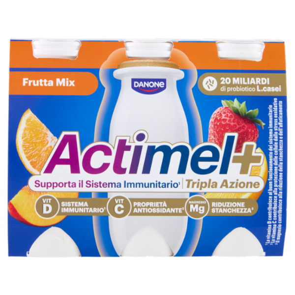 ACTIMEL Tripla Azione, Yogurt da Bere con Vitamine C, D e Magnesio, gusto Frutta mix, 6x100g