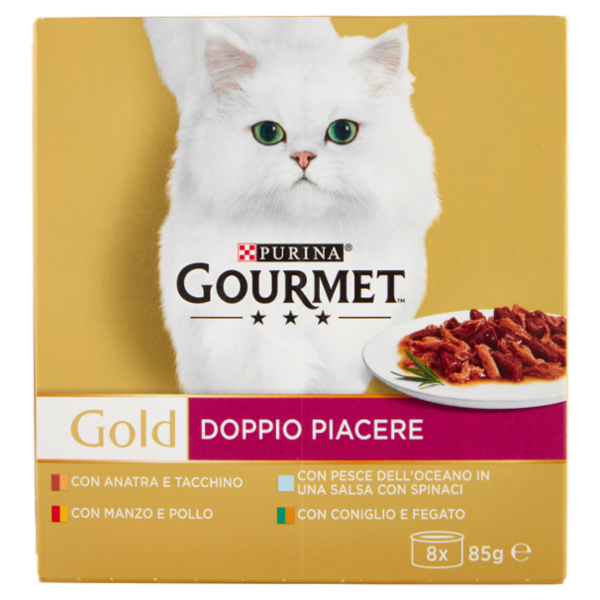 PURINA GOURMET Gold Doppio Piacere Anatra & Tacch/Manzo & Pollo/Pesce Oceano/Coniglio & Fegato 8x85g