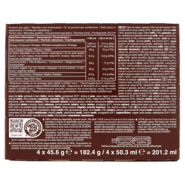 Snickers Barretta Gelato con cioccolato, caramello e arachidi tostate, Multipack da 4 x 45.6 g