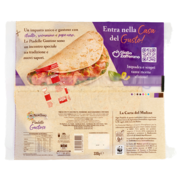 Mulino Bianco Piadelle Gustose Impasto con Strutto, Rosmarino e Pepe Nero 3pz 330 g