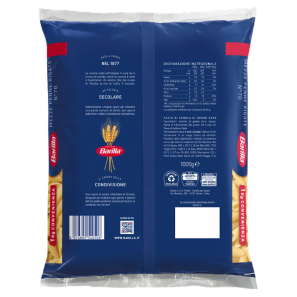 Barilla Pasta Mezze Penne Rigate n.70 CELLO CONV 1Kg