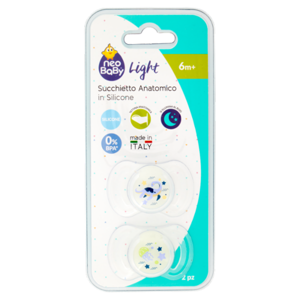neo Baby Light Succhietto Anatomico in Silicone 6m+ Dino Glow 2 pz