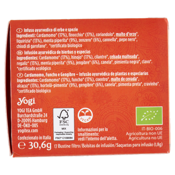 Yogi Tea Digestion Bio infuso ayurvedico di erbe con cardamomo, finocchio e zenzero - 30,6g