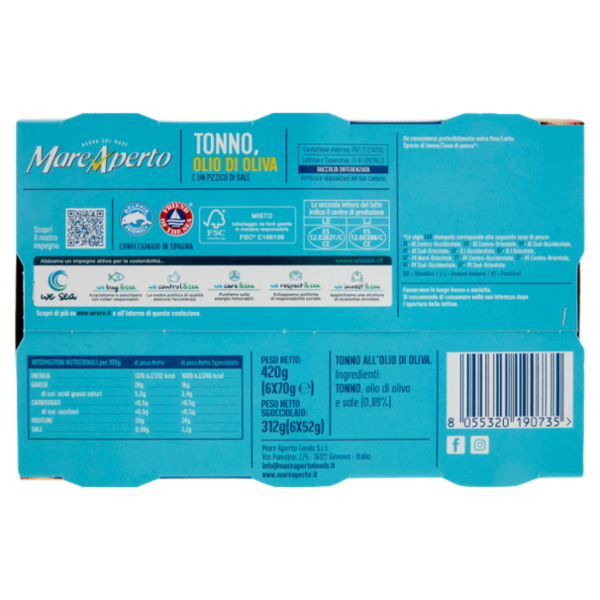 Mare Aperto Tonno, Olio di oliva e un Pizzico di Sale 6 x 70 g