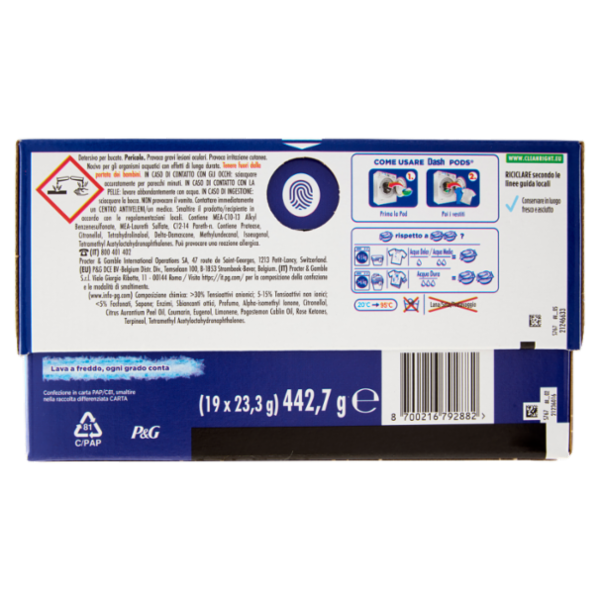 Dash Power Pods Detersivo Lavatrice In Capsule, Azione Extra-Igienizzante, 19 Lavaggi 442,7 g