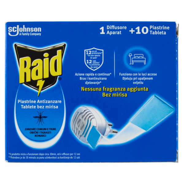 Raid Piastrine Antizanzare Comuni e Tigre, Azione prolungata, 1 Diffusore + 10 Piastrine Ricarica