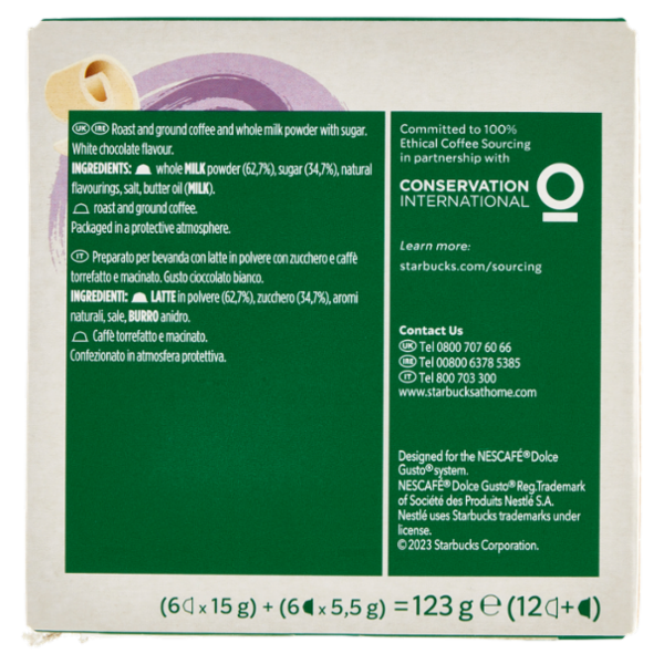 STARBUCKS White Mocha by Nescafé Dolce Gusto Latte al Cioccolato Bianco con Caffè 12 Capsule 123 g