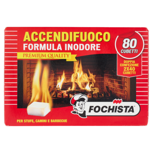 Fochista Accendifuoco Formula Inodore Premium Quality per Stufe, Camini e Barbecue Cubetti 2 x 40 pz
