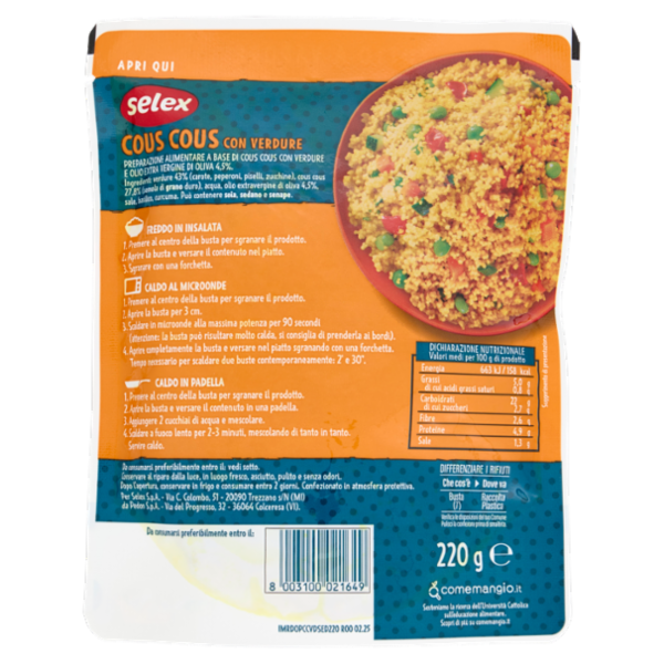 Selex Cereali Cotti a Vapore Cous Cous con Verdure 220 g