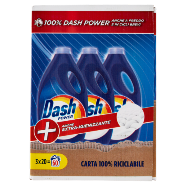 Dash Power Detersivo Liquido Lavatrice, Azione Extra-Igienizzante, 3x20=60 Lavaggi 3x1000ml