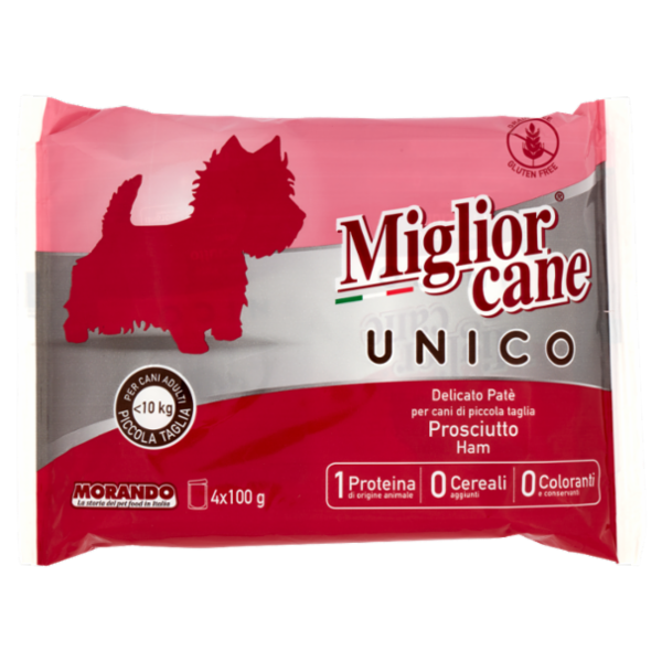 Migliorcane Unico Delicato Patè Prosciutto per Cani Adulti <10 kg Piccola Taglia 4 x 100 g