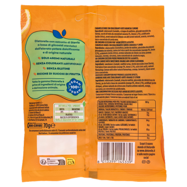 Dietorelle Zero Zucchero Caramella Dura Arancia e Limone 70 g
