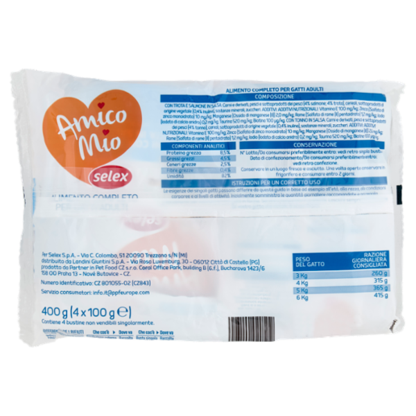 Selex Amico Mio Gatto Bocconcini in Salsa 2 con Trota e Salmone e 2 con Tonno 4x100 g