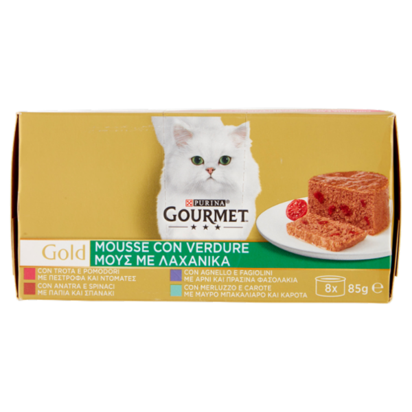 PURINA GOURMET Gold Mousse Verdure Trota&Pom/Anatra&Spinaci/Agnello&Fagiolini/Merluzzo&Carote 8x85g