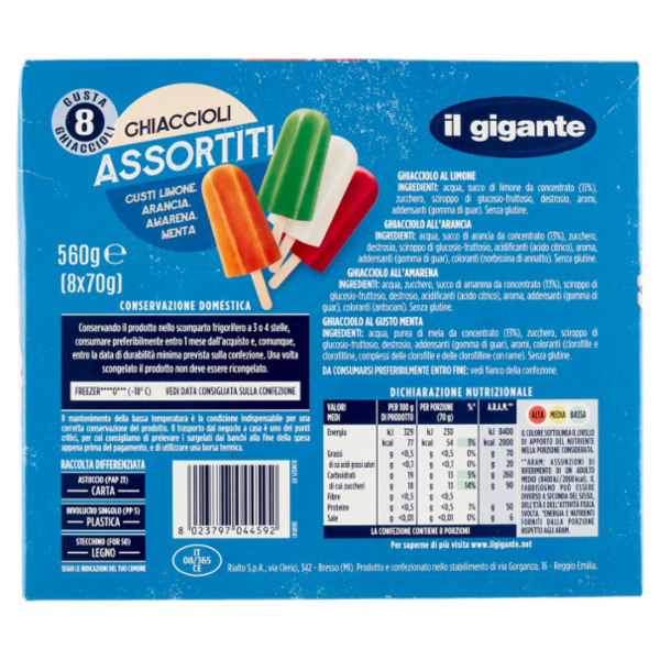 IL GIGANTE Ghiaccioli Assortiti Gusti Limone, Arancia, Amarena, Menta 8 x 70 g