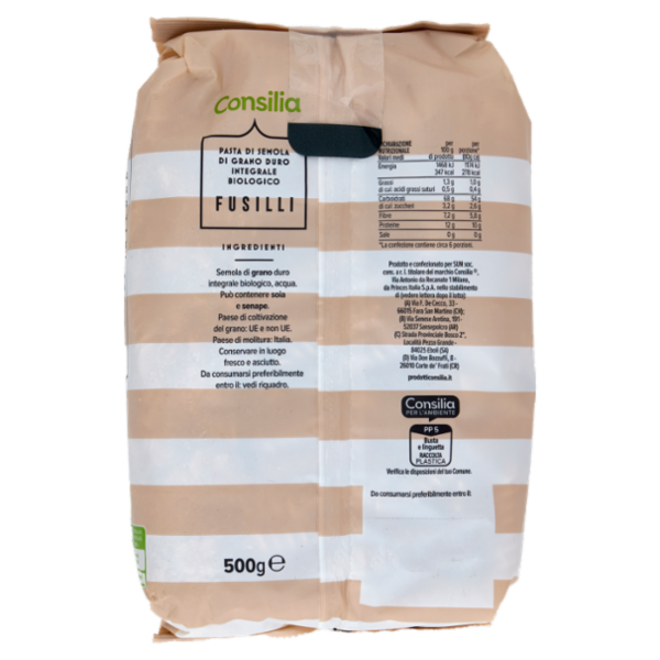 Consilia Pasta di Semola Integrale Fusilli Biologici 500 g