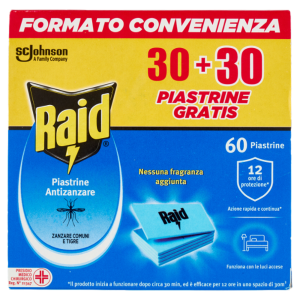 Raid Piastrine Antizanzare Comuni e Tigre, Azione prolungata, Ricarica 60 pezzi