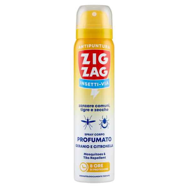 Zig Zag Insetti Via Antipuntura zanzare comuni, tigre e zecche Profumato Geranio e Citronella 100 ml
