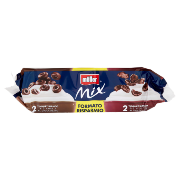 müller Mix 2 Yogurt Bianco Più Anelli al Cioccolato+2 Yogurt Bianco Più Fiocchi al Cioccolato 4x150g