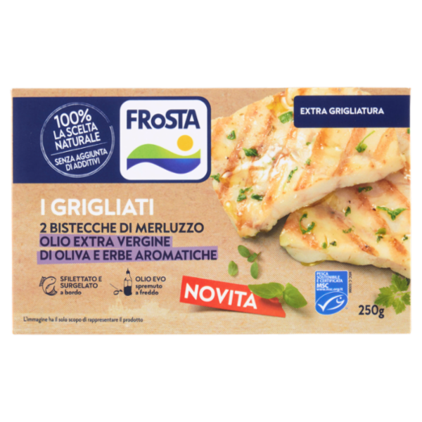 FRoSTA i Grigliati 2 Bistecche di Merluzzo Olio Extra Vergine di Oliva e Erbe Aromatiche 250 g