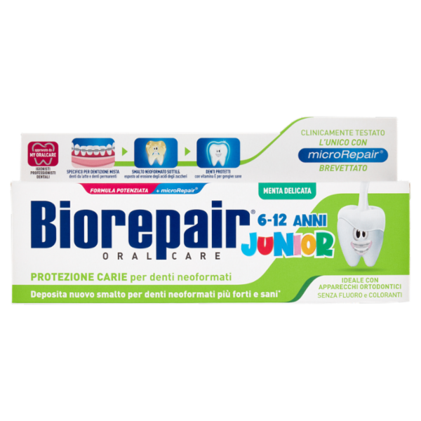 Biorepair Protezione Carie per denti neoformati Junior 6-12 Anni Menta Delicata 75 ml