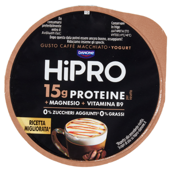 HiPRO Yogurt, 15g Proteine,0% Grassi,Caffè Macchiato,con Magnesio&Vit B9,basso in lattosio,160g