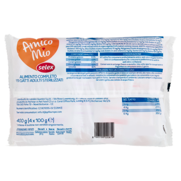 Selex Amico Mio Gatto Sterilizzato Bocconcini in Salsa 2 con Pollo e 2 con Salmone 4x100 g