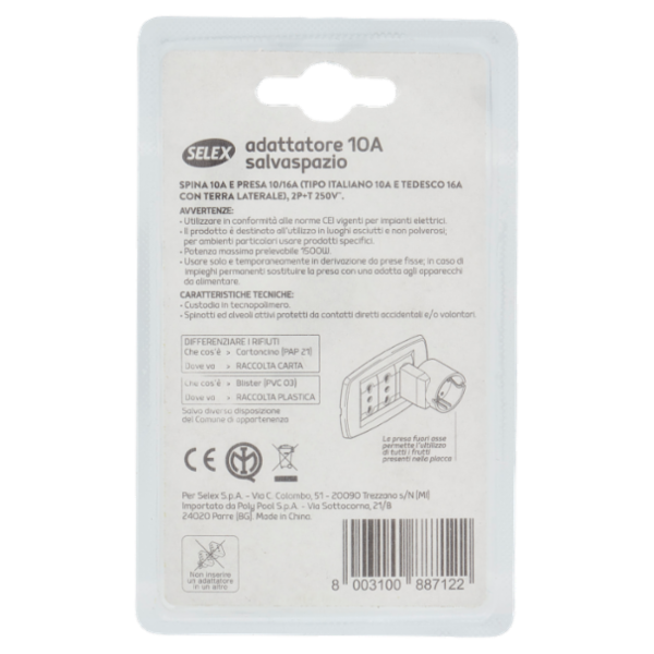 Selex Adattatore Semplice Salvaspazio Spina 10A + 1 Presa pluristandard(Ita+Ted) Bianco