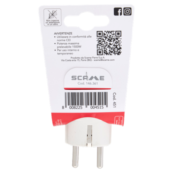 Scame Adattatore 16A Spina 16A standard franco/tedesco, 1 presa bivalente 10/16A, 2P+T 250V