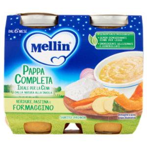 MELLIN Pappa Completa Ideale Per La Cena, Pastina Verdure Formaggino, Dal 6° Mese, 2x200g