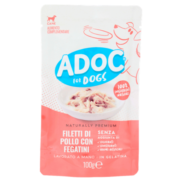 ADoC For Dogs Naturally Premium Filetti di Pollo con Fegatini in Gelatina 100 g