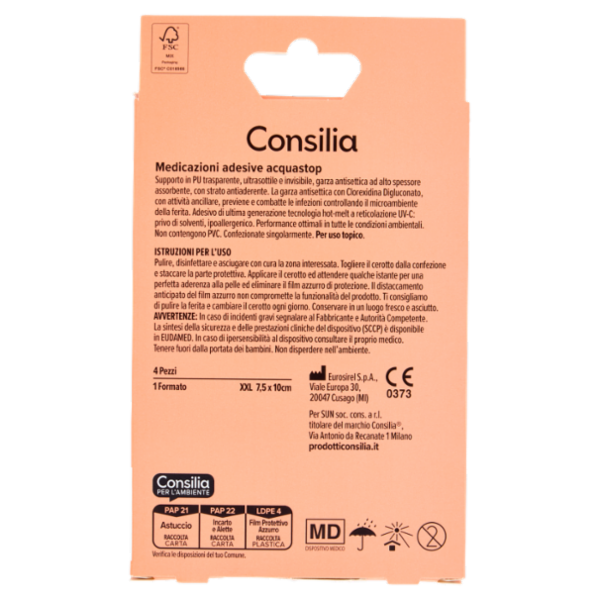 Consilia Medicazioni Adesive Impermeabili Formato XXL 7,5x10 cm 4 pezzi