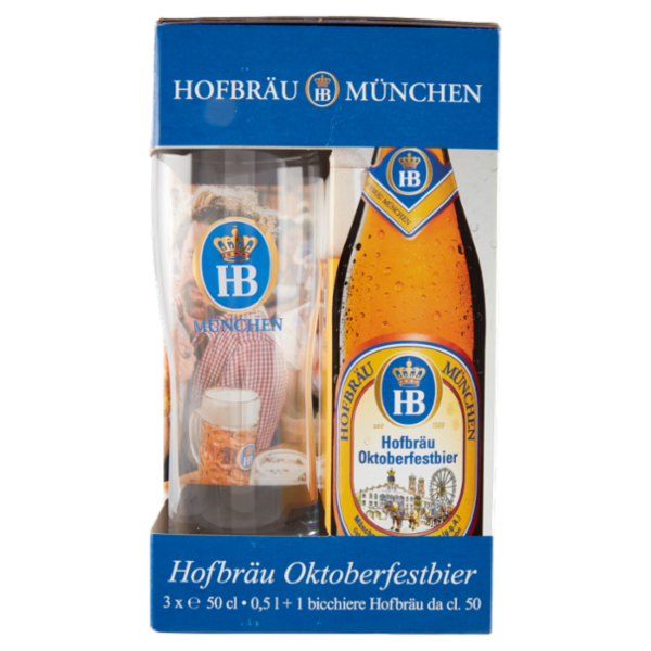 Hofbräu München Hofbräu Oktoberfestbier 3 x 0,5 l + 1 bicchiere Hofbräu da cl. 50