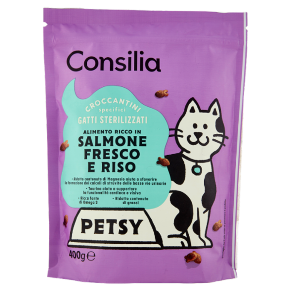 Consilia Petsy Gatto Sterilizzato Croccantini con Salmone Fresco e Riso 400 g