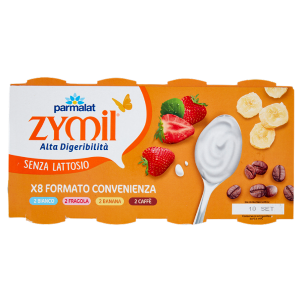 ZYMIL Alta Digeribilità Senza Lattosio Yogurt 2 Bianco, 2 Fragola, 2 Banana, 2 Caffè 8 x 125 g