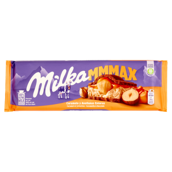 Milka Mmmax, maxi tavoletta di cioccolato al latte 100% alpino con caramello e nocciole - 300g