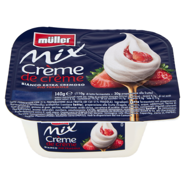 müller Mix Crème de crème Bianco Extra Cremoso Più Fragole 140 g