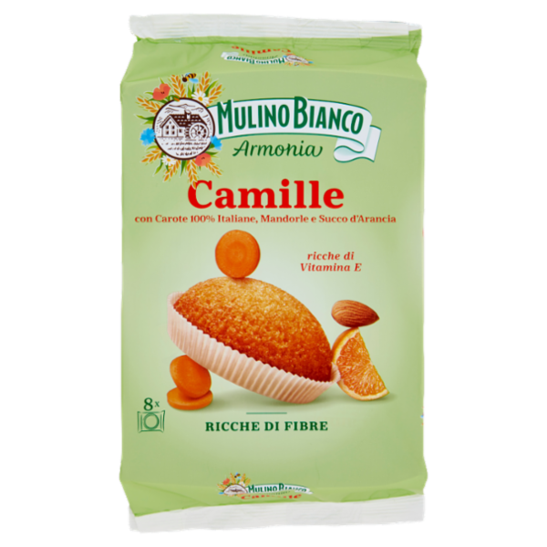 Mulino Bianco Armonia Camille Merenda Ricca di Fibre Carote Mandorle Succo d'Arancia 8 tortine 304g