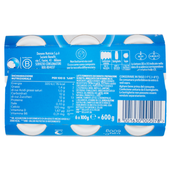 ACTIMEL, Yogurt da Bere con Vit B6 e D per il Sistema Immunitario, gusto Frutti di Bosco, 6X100G