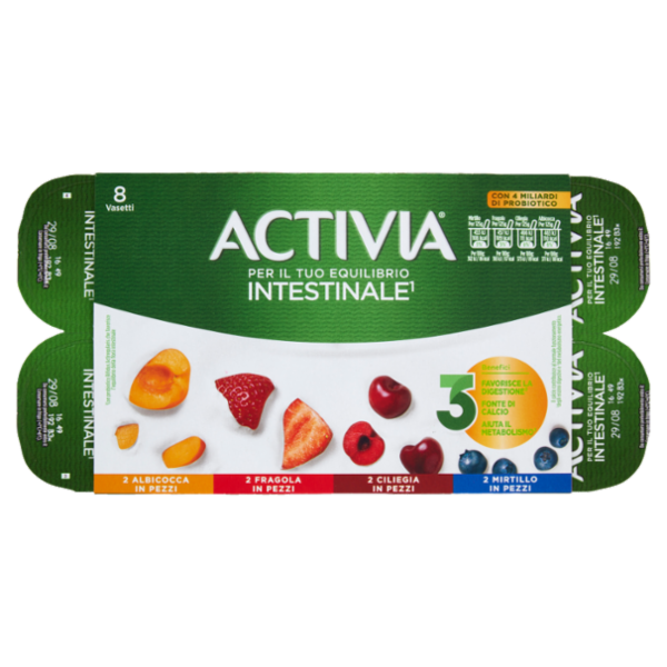 ACTIVIA Yogurt con Probiotico Bifidus, mix di gusti Mirtillo/Fragola/Ciliegia/Albicocca, 8x125g