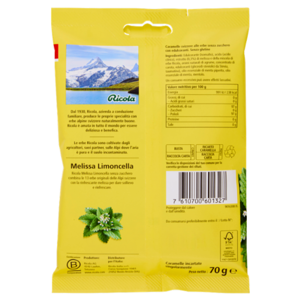 Ricola Melissa Limoncella Senza Zucchero 70 g