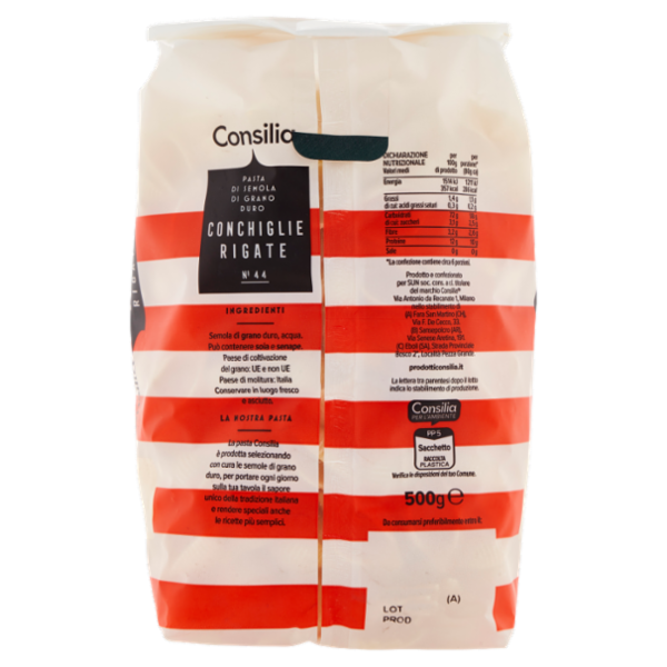 Consilia Pasta di Semola Trafilata al Bronzo Conchiglie Rigate 500 g