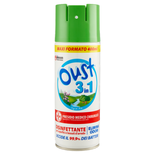 Oust 3 in 1 Spray Disinfettante per Superfici e Tessuti d'Arredo, Fragranza Open Air, 400ml