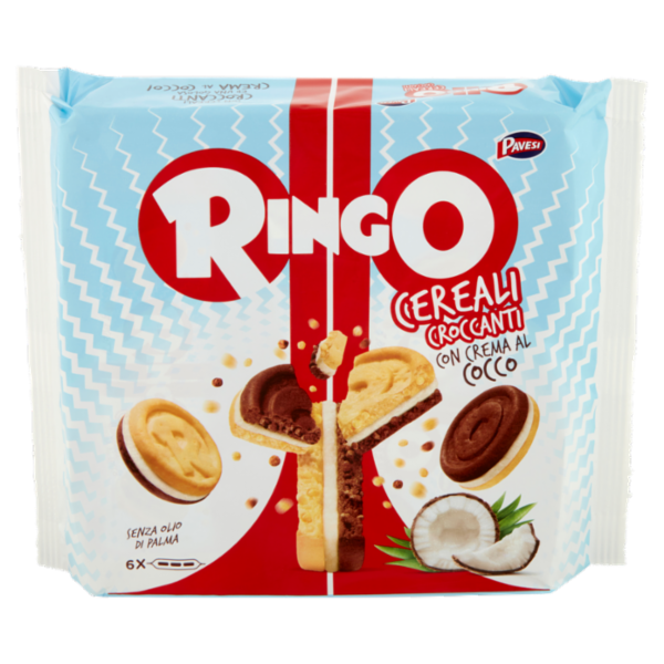 Ringo Cereali Croccanti Biscotti Farciti con Crema al Cocco Snack Merenda 156g